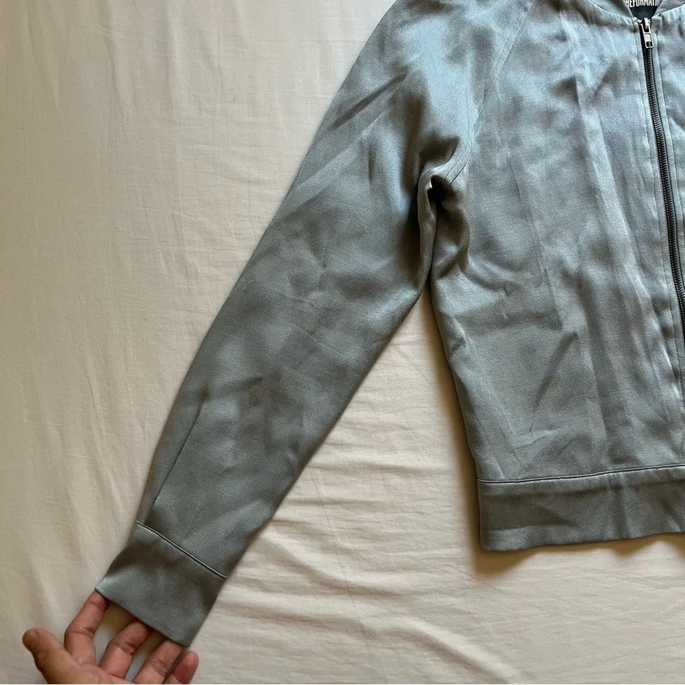 REFORMATION‎ light dusty blue satin zip up long sleeve bomber jacket